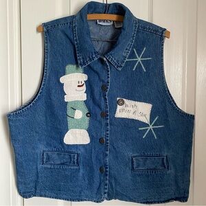 Haik’s Blue Denim Patchwork Snowman Vest XL Cotton 80s 90s Christmas Winter